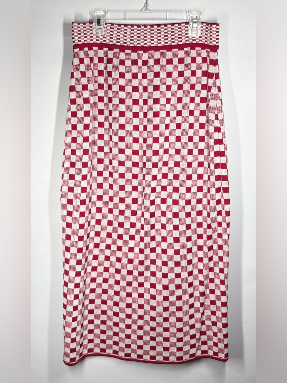 Like New Anthropologie CECILIA PRADO Red & White Checkered Knit Midi Skirt. S - Picture 7 of 7